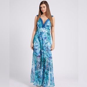 Guess Chrissy Maxi Dress-Batik Tropical Print Blue-Size L
